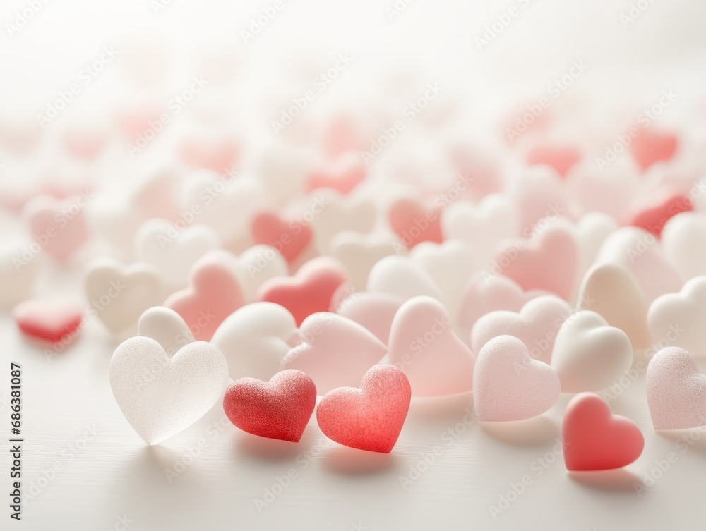 White surface covered with multiple red and pink heart shaped paper confetti as a romantic background composition White surface covered with multiple red and pink heart shaped paper confetti as a romantic background composition
