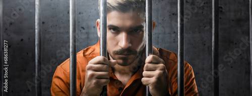 Young man behind bars in prison. Imprisonment for life and awaiting trial. Panorama with copy space. Convicted male looks at the camera with an unkind gaze and hold on to the iron bars.
