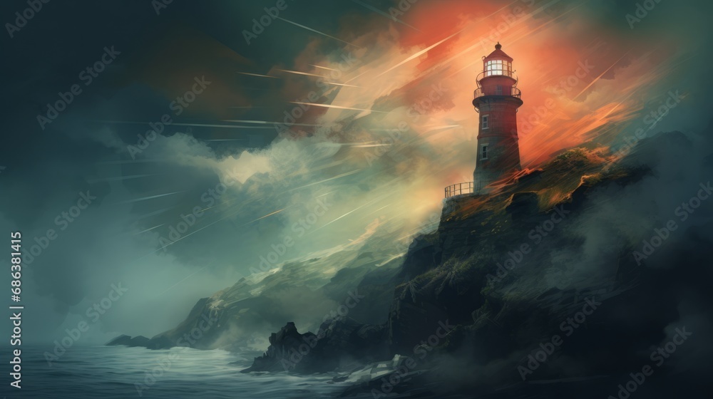 digital art of lighthouse with foghorn in fog, cosmic art, copy space, 16:9
