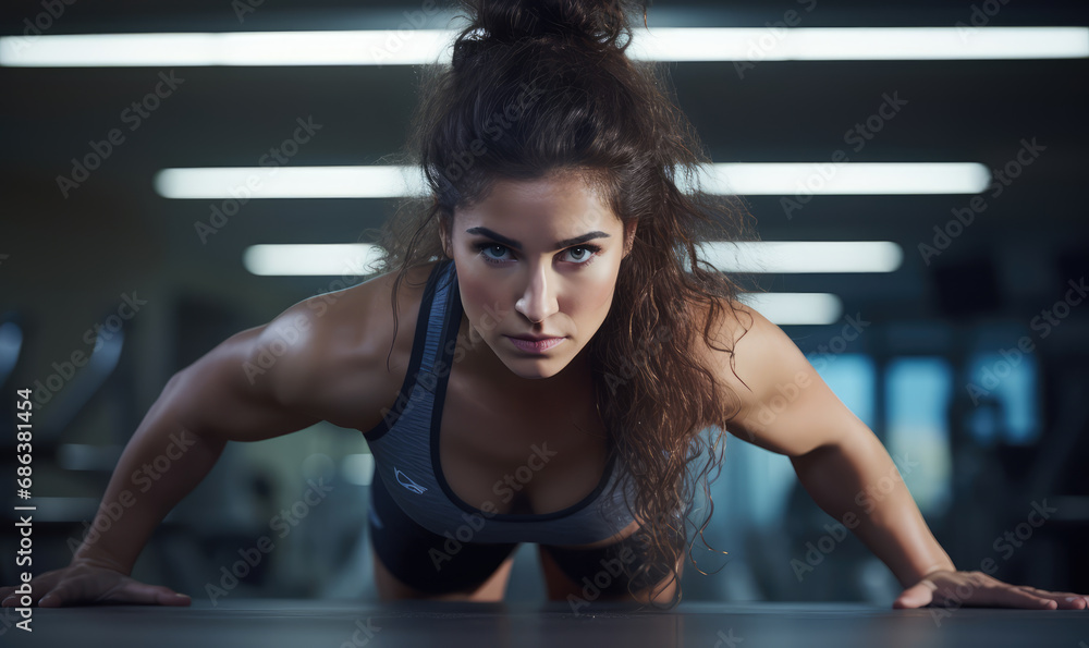 Fototapeta premium Bodybuilding athlete woman in gym doing exercises with weights.