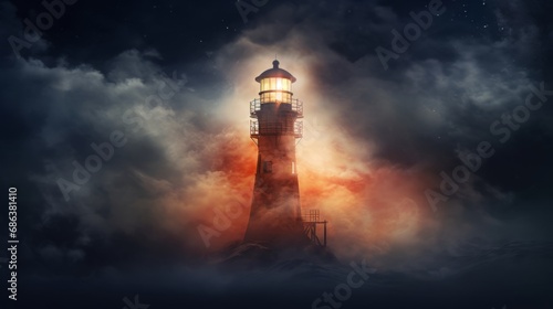 digital art of lighthouse with foghorn in fog, cosmic art, copy space, 16:9