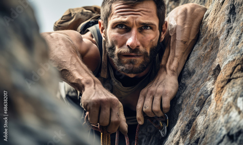 Sport climbing, bouldering and rappelling athlete man on stone and rock wall at sunrise.