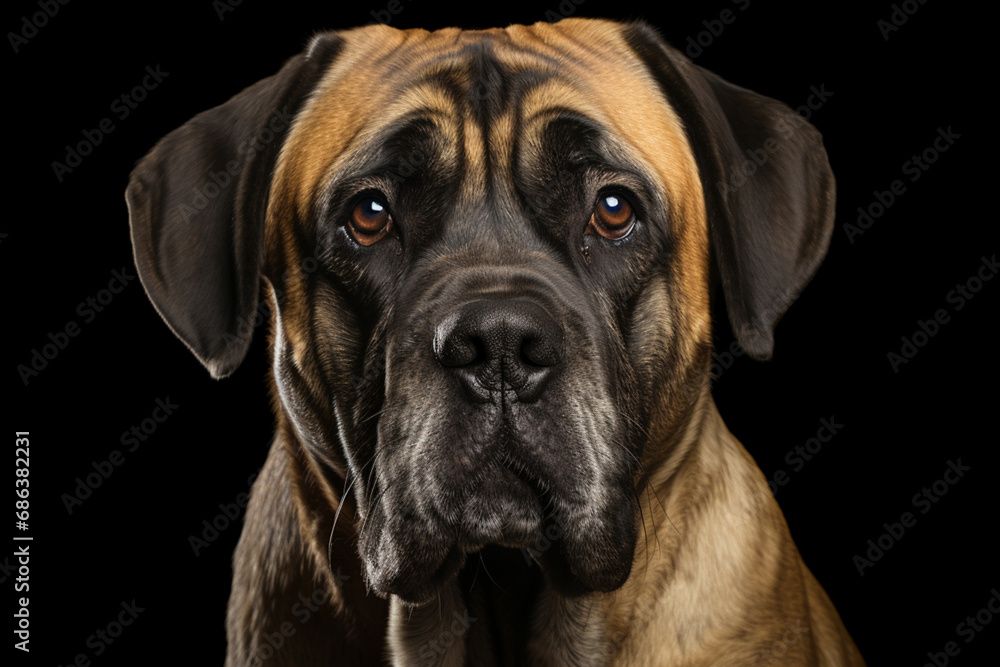English Mastiff close-up portrait. Adorable canine studio photography.