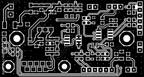 Electric background. Vector pcb pattern. 
Printed circuit board of an electronic 
device with
conductors and contact pads placed on it. 
Engineering drawing. 