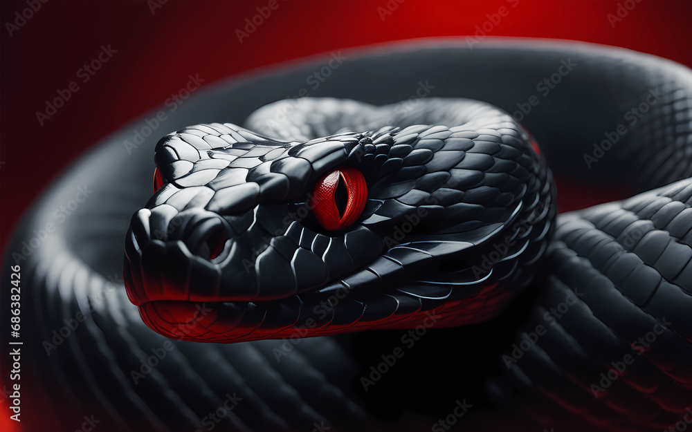 Fototapeta premium Black snake close-up on a red background