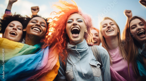  A diverse group of young people celebrating Pride Festival with music, embodying the vibrant LGBTQ+ community. Guys and girls warmly embracing each other in an open setting.