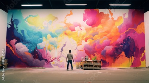 A time-lapse capture of a mural artist bringing a blank wall to life with bold strokes of color and a vivid portrayal of imagination.