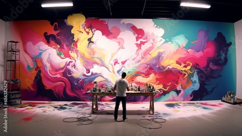 A time-lapse capture of a mural artist bringing a blank wall to life with bold strokes of color and a vivid portrayal of imagination.