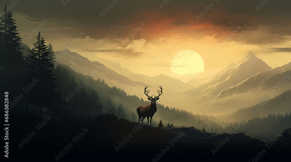 distant silhouette of a deer on top of a mountain peak in Wales, surrounded by a thick ground fog. Background of grand old oak trees, sky, forest and mountains. God rays. - obrazy, fototapety, plakaty 