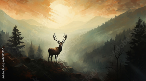 distant silhouette of a deer on top of a mountain peak in Wales, surrounded by a thick ground fog. Background of grand old oak trees, sky, forest and mountains. God rays. © Mix Creative