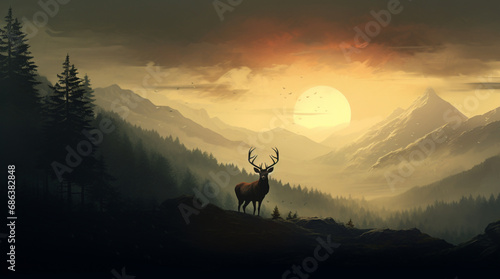 distant silhouette of a deer on top of a mountain peak in Wales, surrounded by a thick ground fog. Background of grand old oak trees, sky, forest and mountains. God rays. © Mix Creative