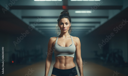 Bodybuilding athlete woman in gym doing exercises with weights.
