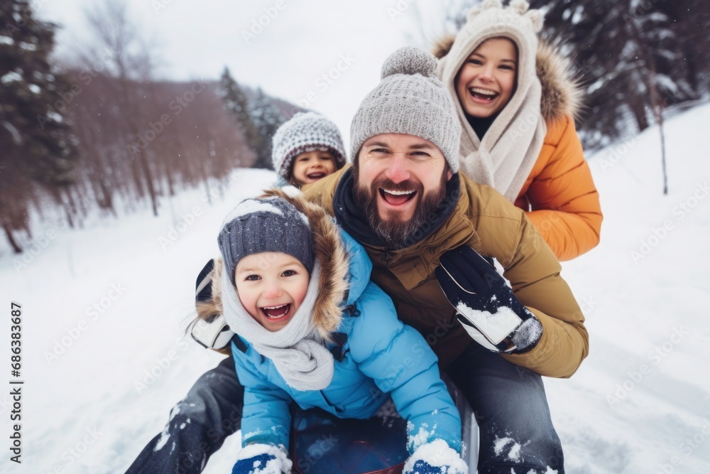 family with kids having fun laughing and playing in snow outside in winter