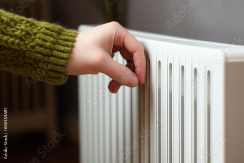 hand touching a white radiator in winter