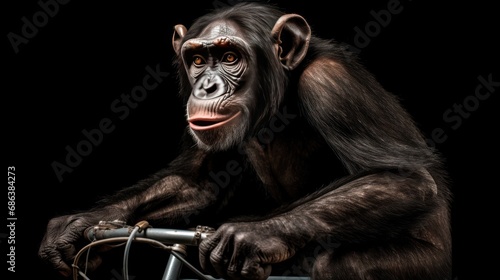 Chimpanzee sitting on a bicycle, isolated on black background. Chimp. Chimpanzee. Evolution Concept