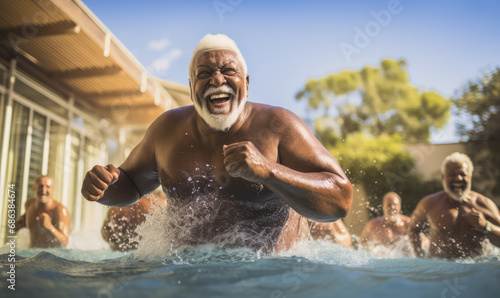 Older and mature men and women doing water aerobics and weight training in the pool at a gym.