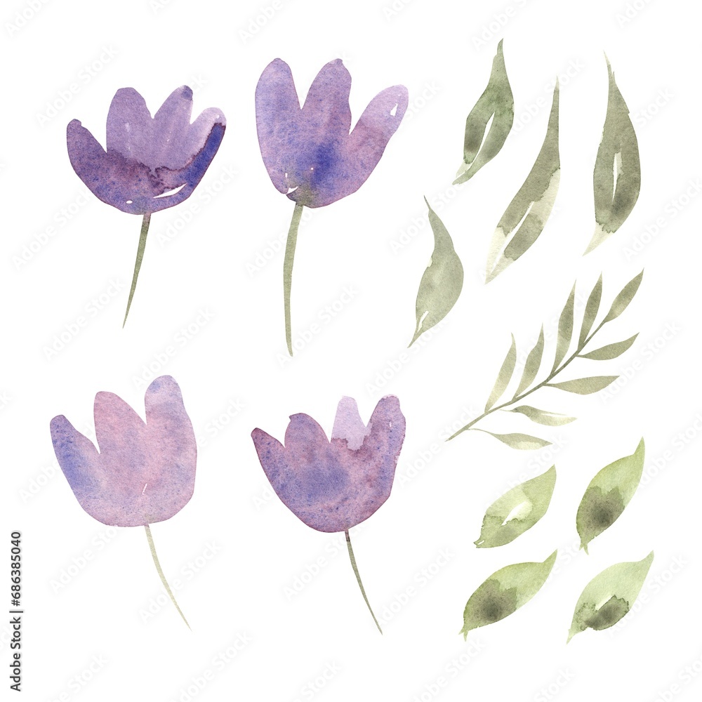 Watercolor floral set. Delicate purple floral arrangement with flowers and green leaves. Isolated hand painted design. Botanical illustration for wedding design, greeting cards, March 8, for logos - obrazy, fototapety, plakaty 