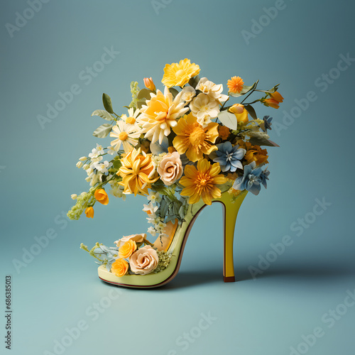 Beautiful elegant high heel sandal with fresh yellow flowers isolated in a pastel blue background.