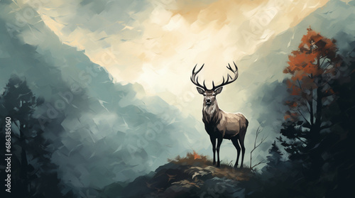 a fierce and noble looking white deer silhouetted on top of a mountain peak in Wales, surrounded by a thick ground fog. Background of grand old oak trees, sky, forest and mountains. God rays. photo