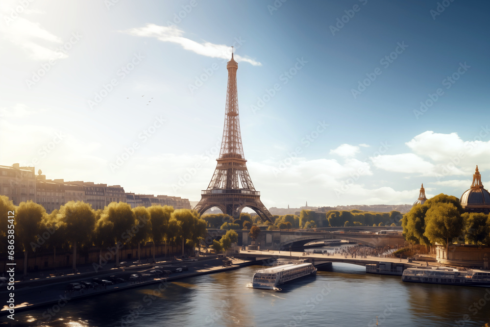 Fototapeta premium The Eiffel Tower in Paris, capital of France. Monument of the city of Paris. Magnificent view of the Eiffel Tower.
