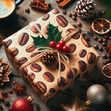 Caja de regalo navideña con papel de envolver con patrón de granos de café y bayas de acebo