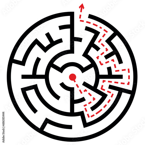 Little round vector labirinth. Vector easy black circle maze on white background with red dashed passing route. Good puzzle flat icon design photo