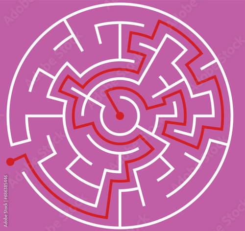 Little round vector labirinth. Vector easy white circle maze on pink background. A game with red passing route