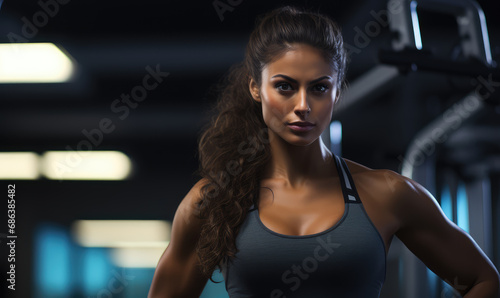 Bodybuilding athlete woman in gym doing exercises with weights.