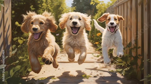 A trio of playful puppies frolicking in a sunlit backyard, tails wagging with unbridled joy.