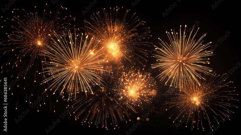 Golden fireworks in the night sky, pyrotechnic show