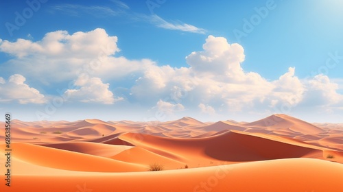 A vast desert landscape with undulating sand dunes stretching to the horizon under a cloudless sky with intense sunlight.