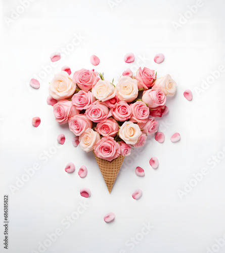 Ice cream cone full of roses in heart shape on white background. Valentine' day or romance concept. 