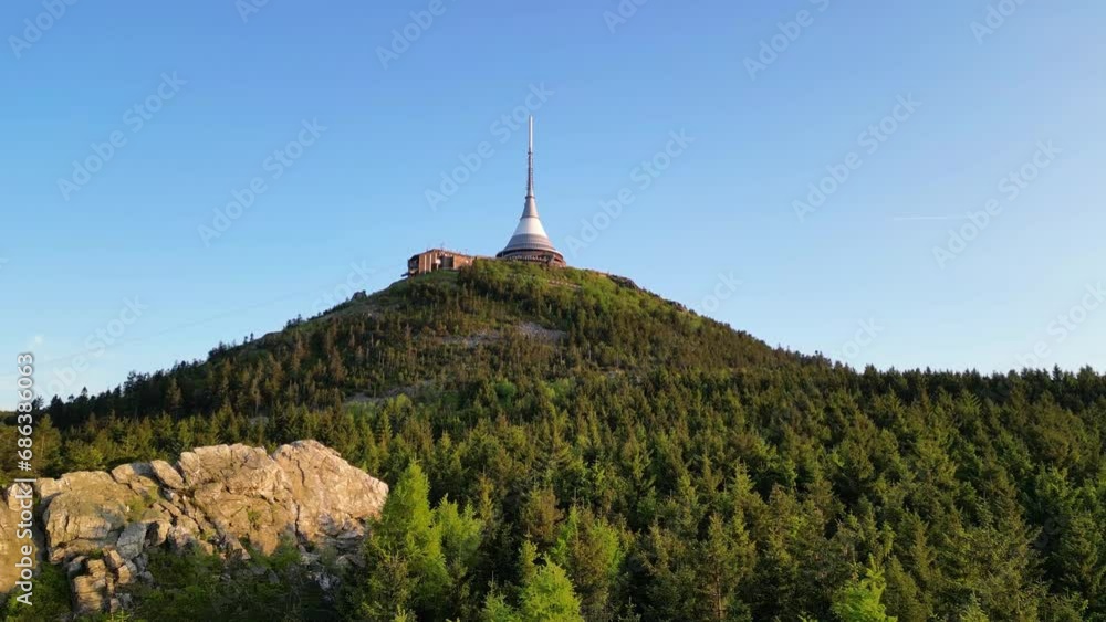 Jested Mountain on sunny summer evening. Aerial 4K footage from drone flight Jested Mountain on sunny summer evening. Aerial 4K footage from drone flight