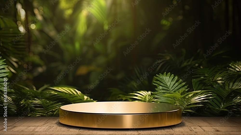 Gold podium in tropical forest for product presentation and green background Gold podium in tropical forest for product presentation and green background