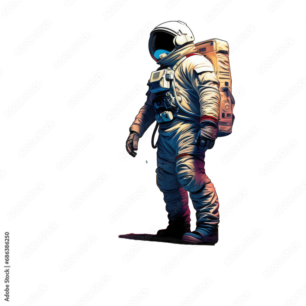 Astronaut on Colorful Planetary Surface. Isolated on a Transparent Background. Cutout PNG.