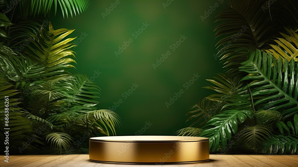 Gold podium in tropical forest for product presentation and green background Gold podium in tropical forest for product presentation and green background