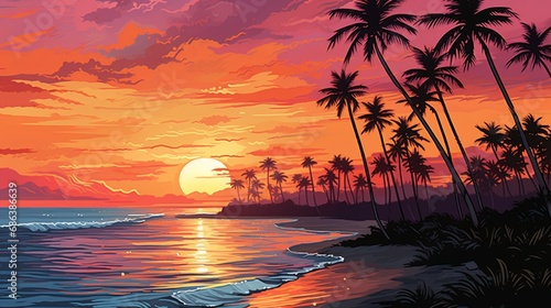 A vibrant sunset over a tropical beach, with palm trees silhouetted against the orange and pink hues of the evening sky.