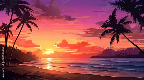 A vibrant sunset over a tropical beach, with palm trees silhouetted against the orange and pink hues of the evening sky.