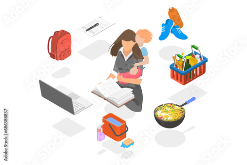 3D Isometric Flat  Illustration of Super Mom, Mother with Baby, Working, Coocking, Cleaning and Make a Shopping photo