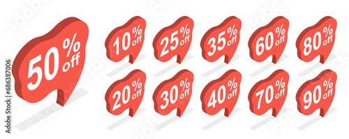 3D Isometric Flat Set of Discount Speach Bubble Tags, Sale Labels