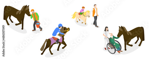 3D Isometric Flat  Illustration of Hippotherapy, Animal Therapy with Horses