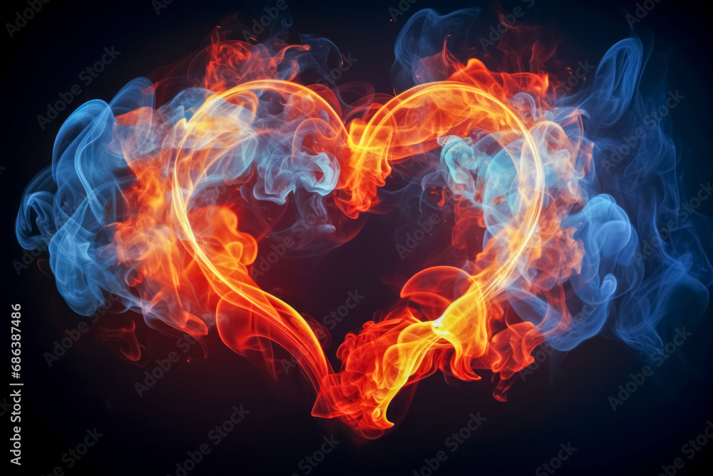Abstract image of blue and orange smoke intertwining to form a heart shape on a dark background, symbolizing fiery passion and cool affection.