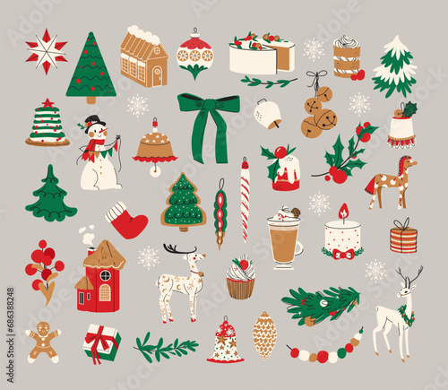 Big Christmas set of festive symbols and design elements. Cute flat illustration in hand drawn style isolated on gray background
