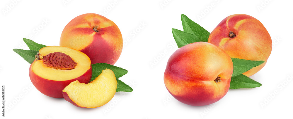 Nectarine fruit and half with leaf isolated on white background cutout Nectarine fruit and half with leaf isolated on white background cutout