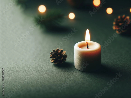 Candela di Natale accesa, semplice e minimale, su sfondo verde scuro  photo