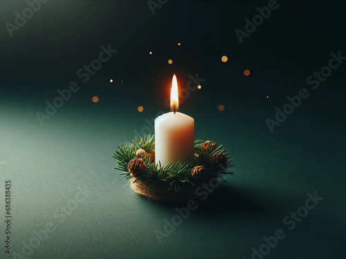 Candela di Natale accesa, semplice e minimale, su sfondo verde scuro  photo