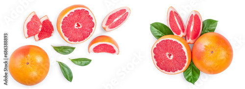 Fototapeta Naklejka Na Ścianę i Meble -  Grapefruit and slices with leaves isolated on white background. Top view. Flat lay