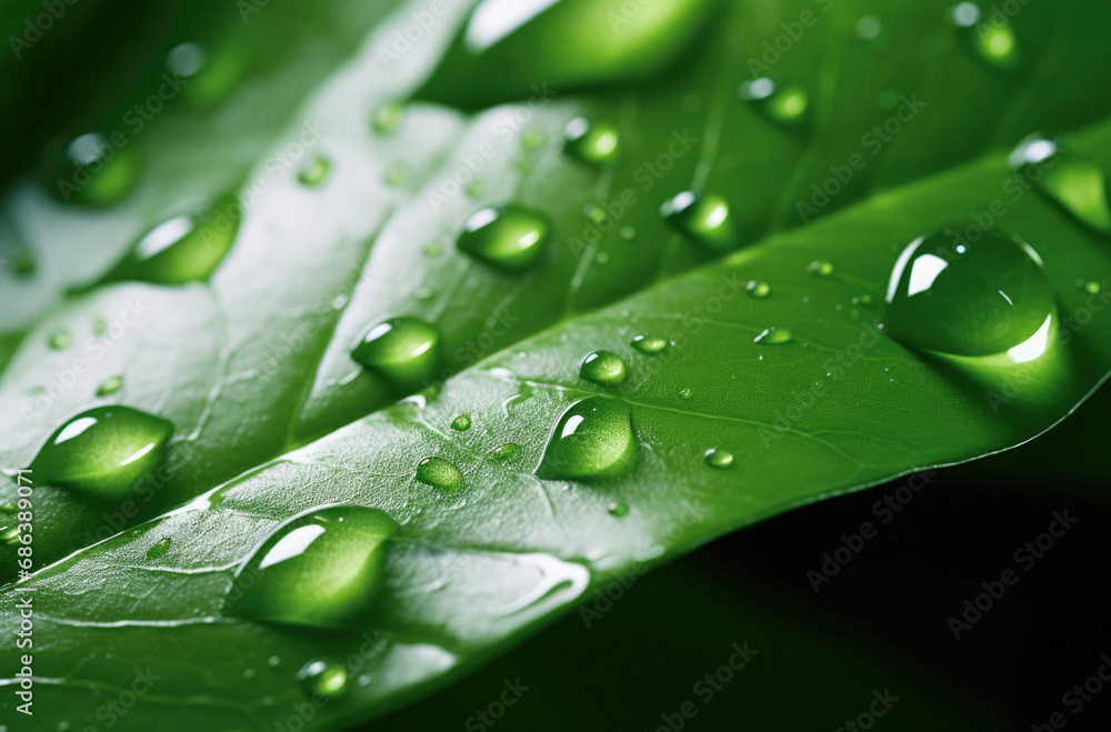 Beautiful closeup of a green leaf with droplets of water, extreme close up, nature photography Beautiful closeup of a green leaf with droplets of water, extreme close up, nature photography