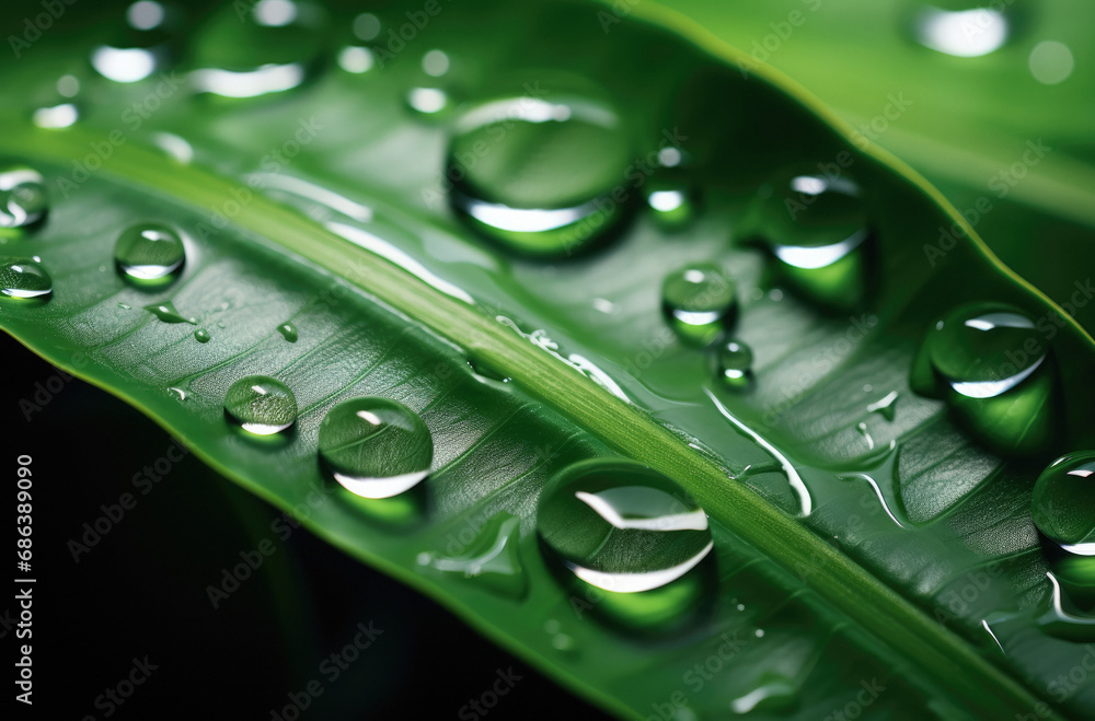 Beautiful closeup of a green leaf with droplets of water, extreme close up, nature photography