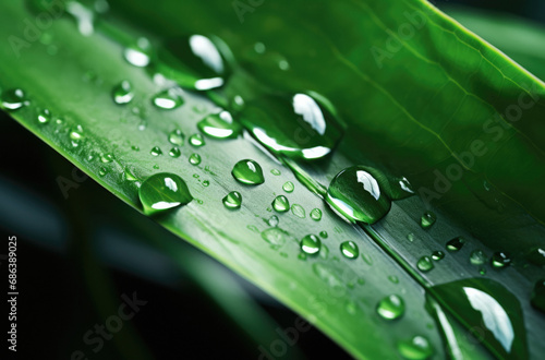 Beautiful closeup of a green leaf with droplets of water, extreme close up, nature photography